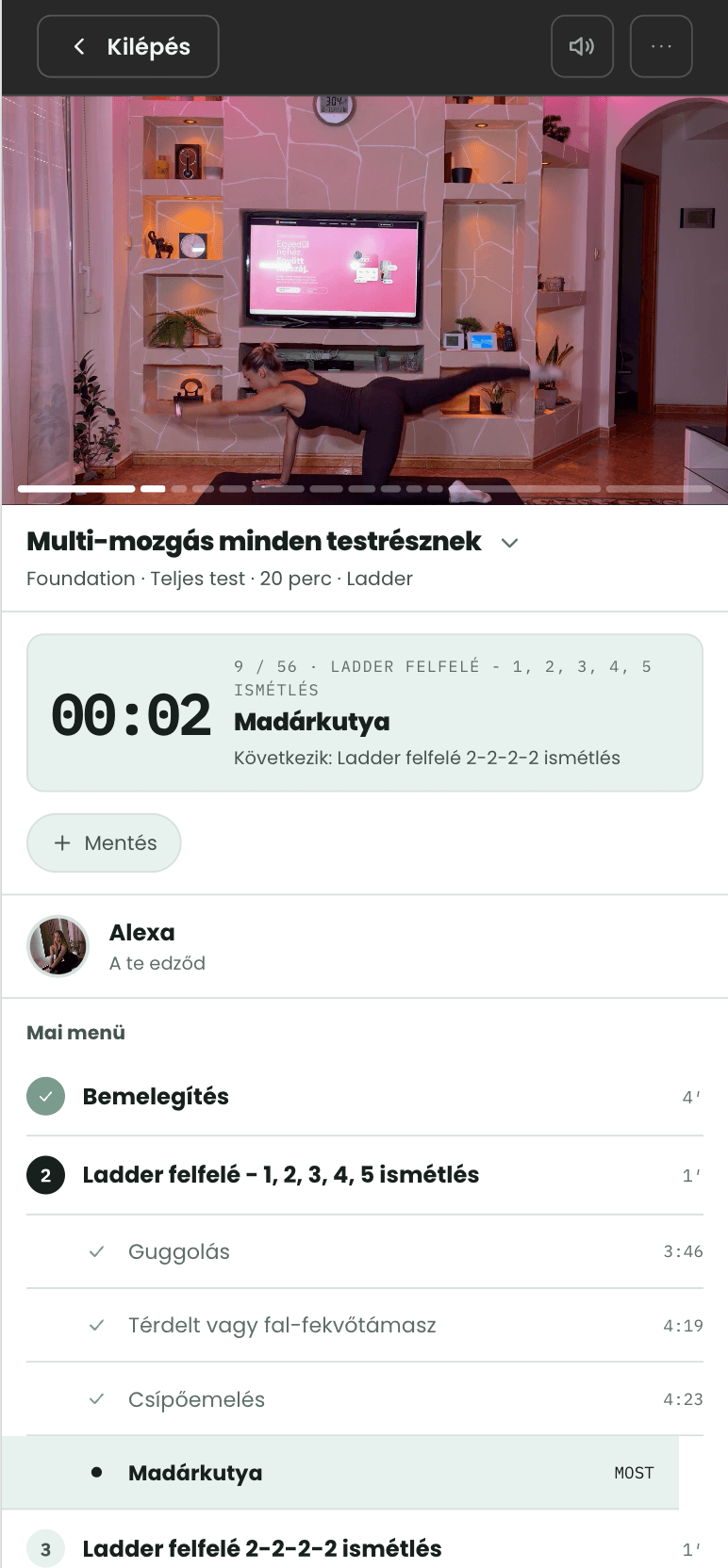 A lejátszó edzés közben: visszaszámláló, az aktuális gyakorlat és a mai menü listája.